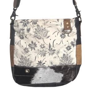 Myra Albino Crossbody Purse Leather Floral Print Canvas Cowhide Boho Western‎
